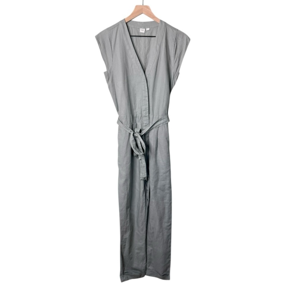 Gap Linen Cap Sleeve Belted Jumpsuit V Neck Pockets Light Sage Green Grey Size 2